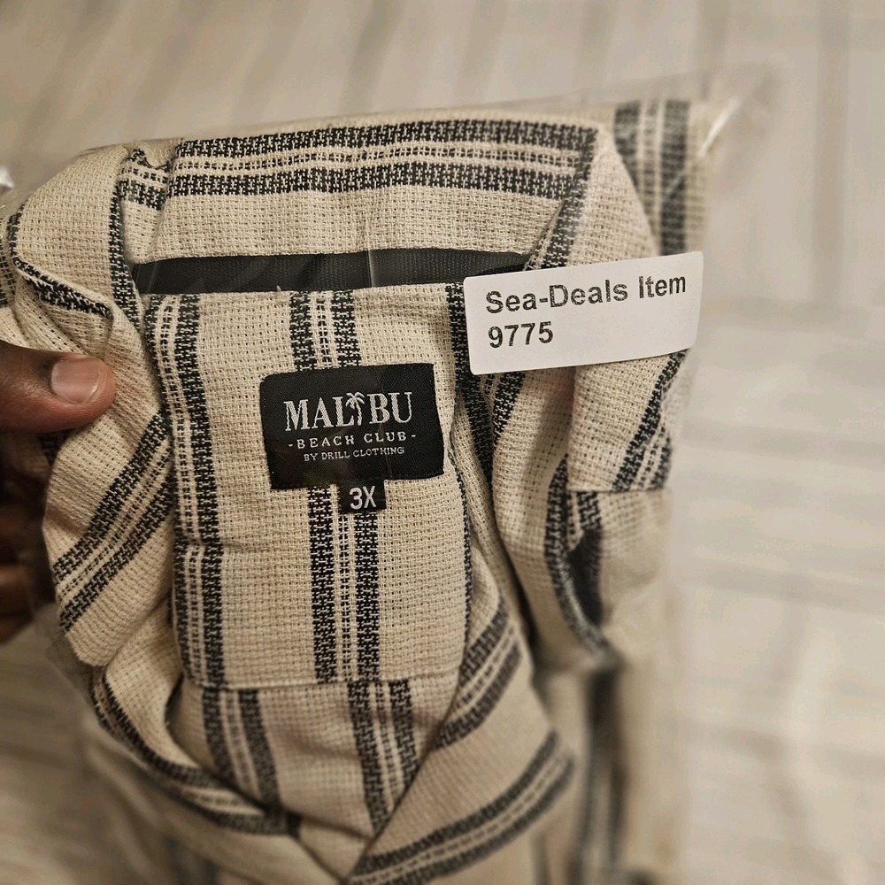 Malibu Beach Club shirt Mens 3XL‎ Striped Ecru Short Sleeve Button-Up - Picture 6 of 6